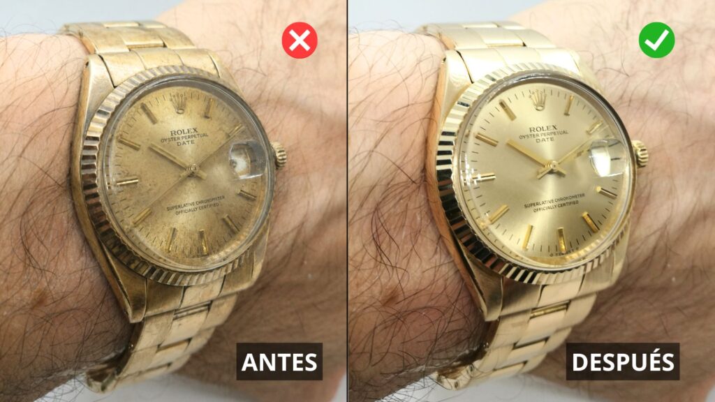Se muestra restauración de un reloj Rolex President antes y después de pasar por el taller