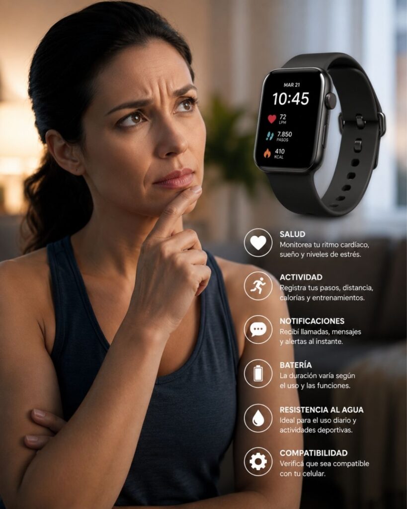 Guía de cuidado Persona con expresión pensativa, analizando funciones y beneficios de un smartwatch