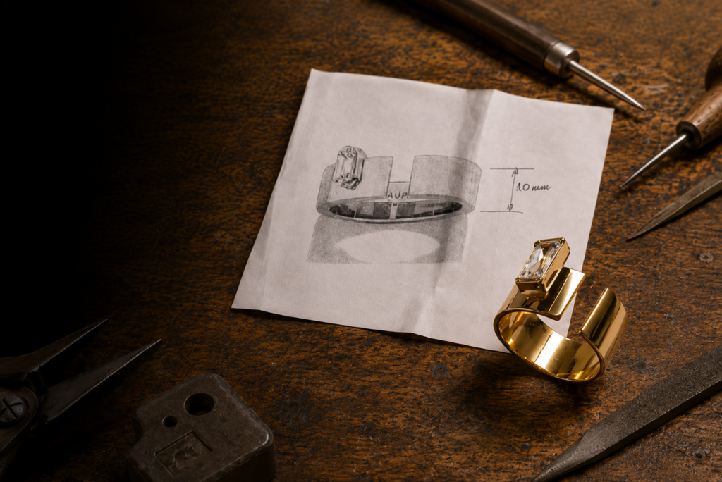 Se aprecia el boceto de un anillo y la pieza elaborada y terminada en oro 18kt de dicho proyecto, fabricada en Meridiano75