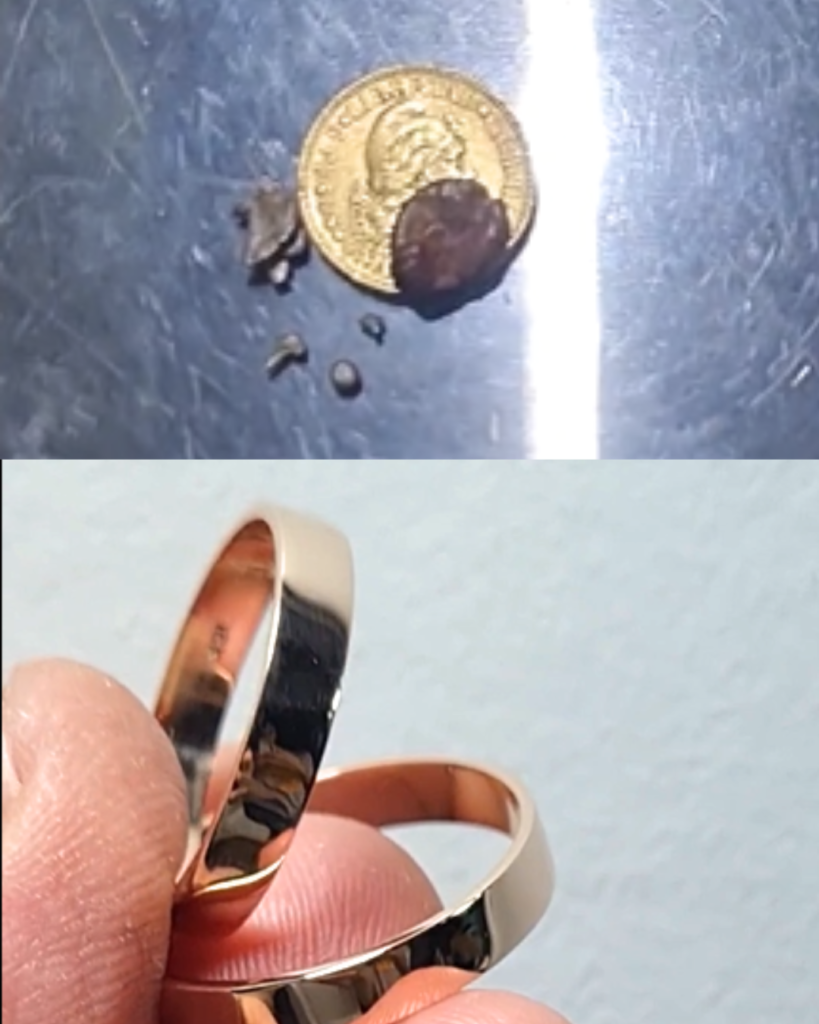 Imagen de moneda de oro previa a su transformación en un par de alianzas, manufacturadas en Meridiano75 a pedido de nuestro cliente