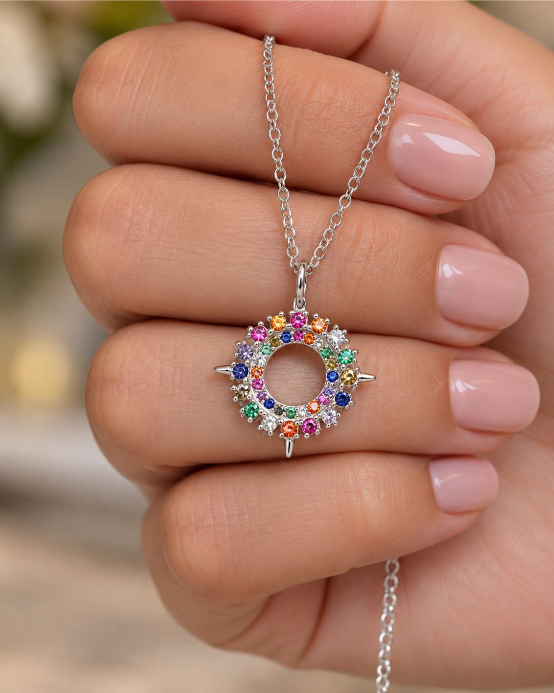 Collar de plata 925 con pasante de rosa de los vientos con circonias multicolor engarzadas presentado en mano Collar de plata 925 con pasante de rosa de los vientos con circonias multicolor engarzadas presentado en mano