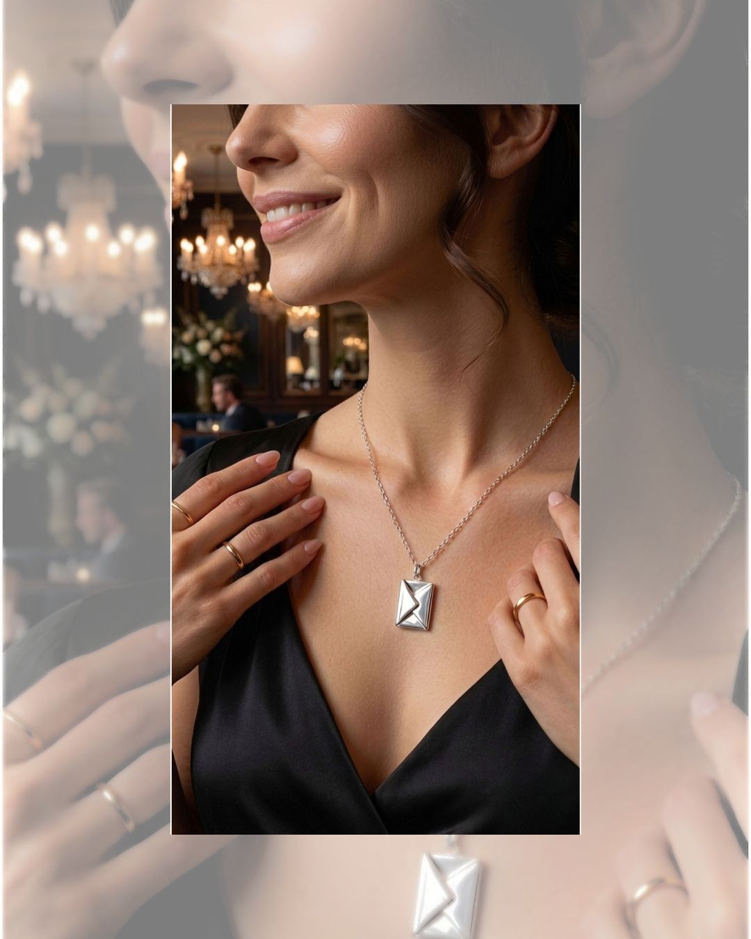 Collar de plata 925 con dije sobre con apertura y carta en su interior colocado en cuello Collar de plata 925 con dije sobre con apertura y carta en su interior colocado en cuello