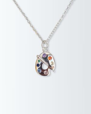 Collar de plata 925 con dije de paleta de pintor con circonias de color engarzadas y pincel