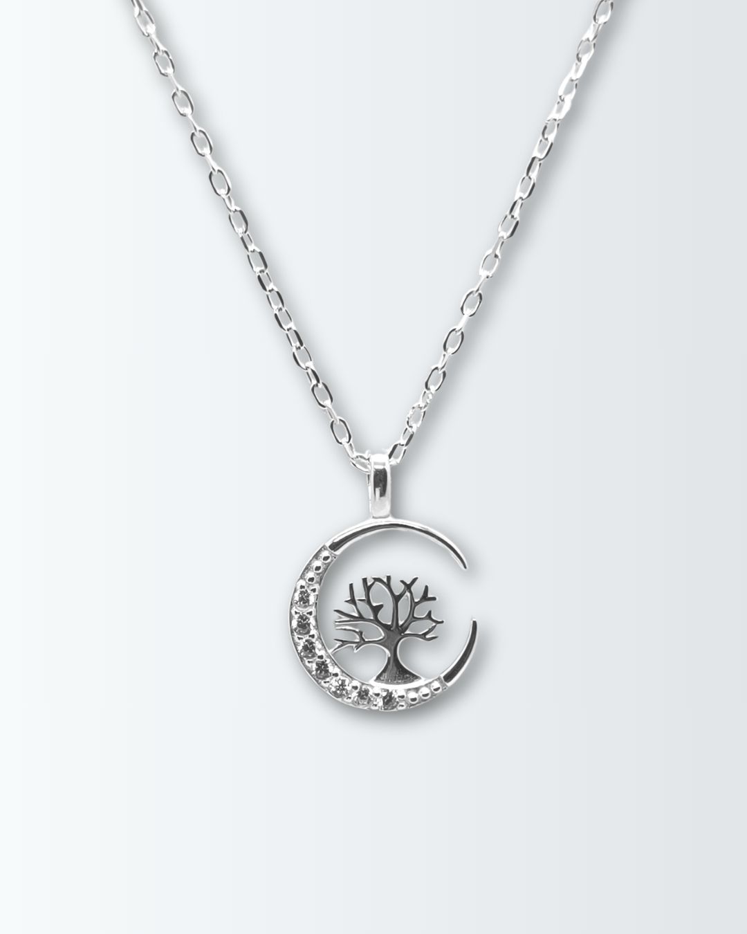 Collar de plata 925 con pasante de arbol en luna pave Collar de plata 925 con pasante de arbol en luna pave