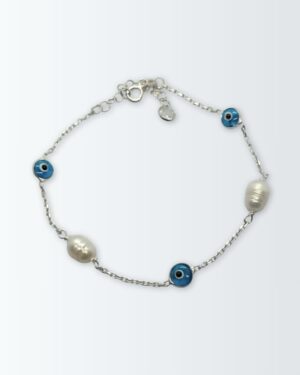 Pulsera de plata 925 con ojos de cristal de murano y perlas de rio alternados y cubic al final del alargue