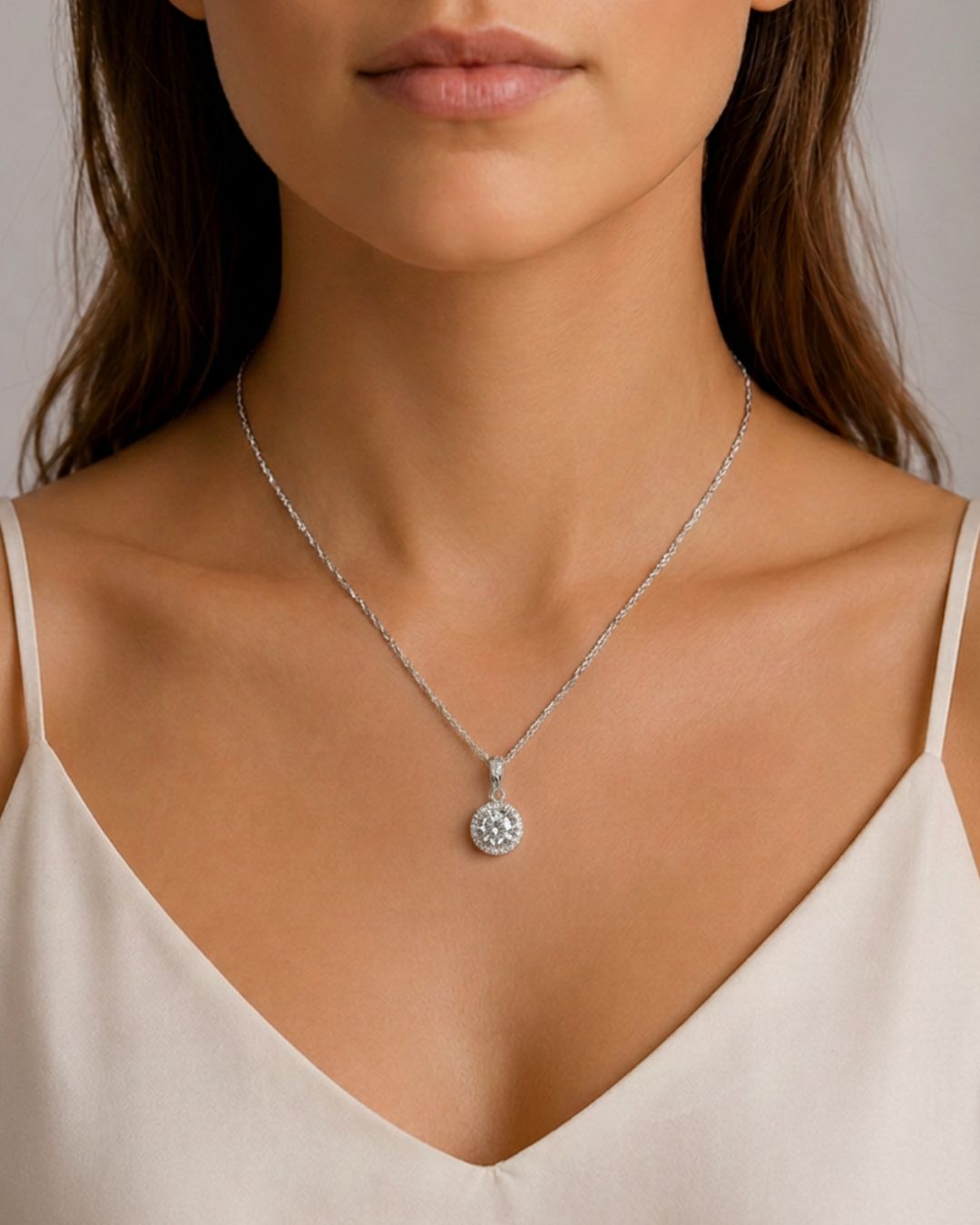 Collar de plata 925 con roseta coronada de circonias colocada en cuello Collar de plata 925 con roseta coronada de circonias colocada en cuello