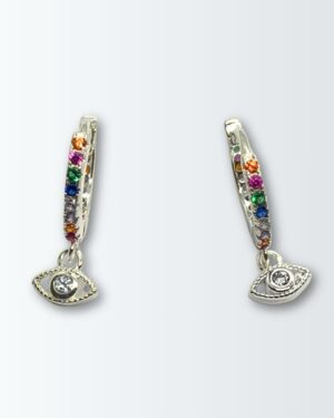Aros plata 925 con circonias de color y dije ojo colgando