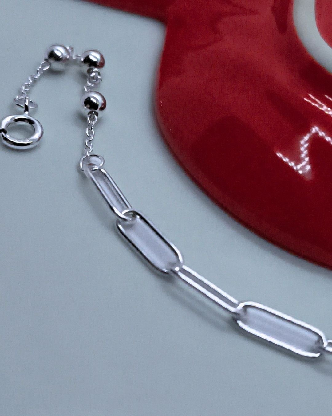 Pulsera de plata 925 centro de eslabones ovales y laterales con bolitas de 4mm con cubic en virola al final del alargue vista de plano Pulsera de plata 925 centro de eslabones ovales y laterales con bolitas de 4mm con cubic en virola al final del alargue vista de plano